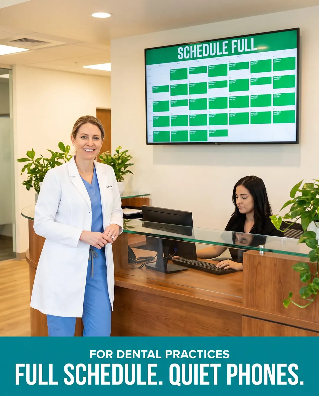 Dental ad creative — Shows the after — every call answered, every job on the board.