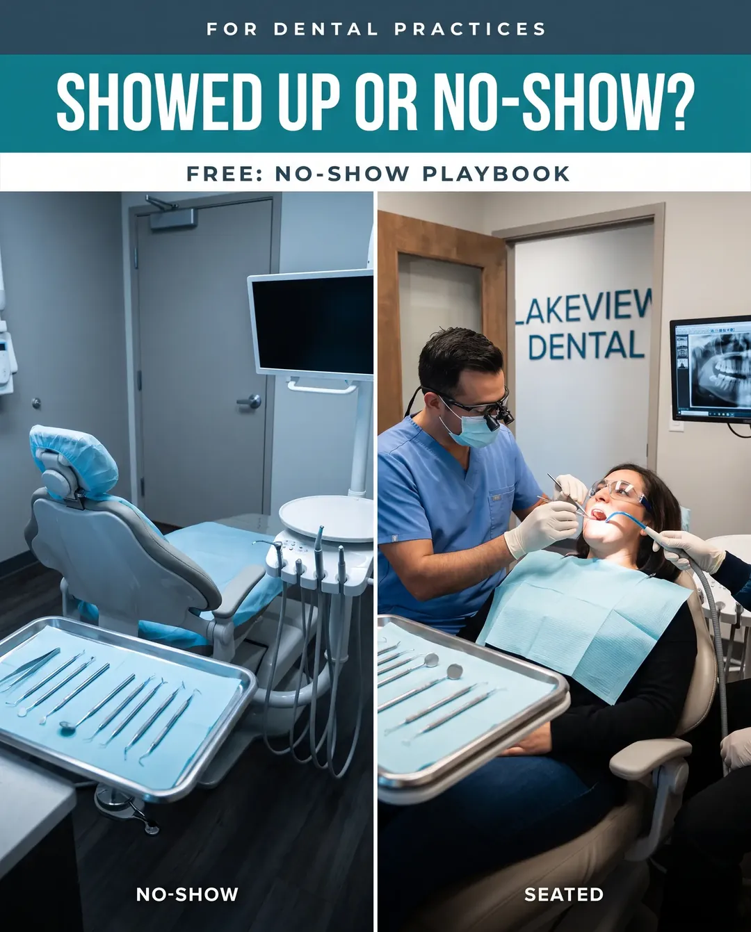 Dental ad creative — Before and after, side by side: missed vs. booked.
