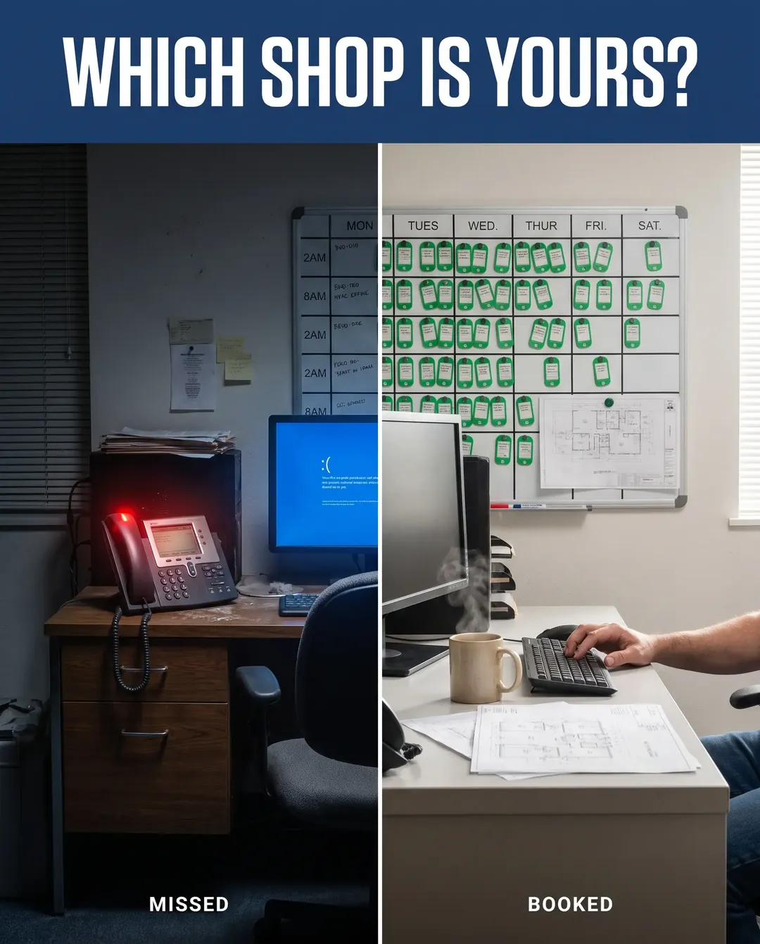 HVAC ad creative — Before and after, side by side: missed vs. booked.