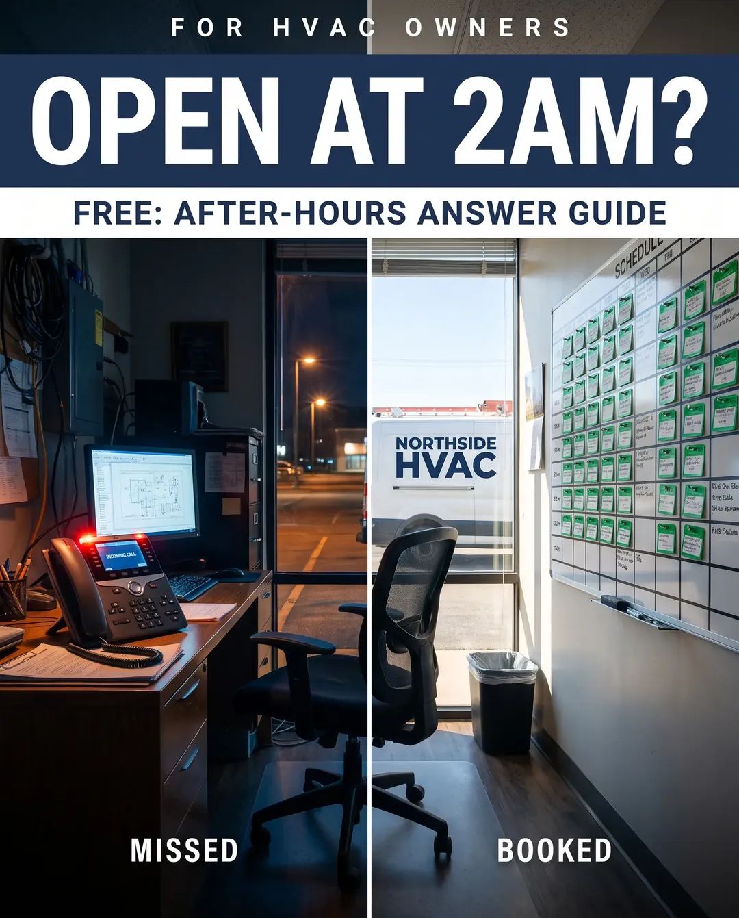 HVAC ad creative — Before and after, side by side: missed vs. booked.