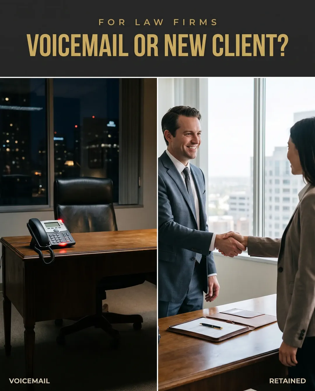 Legal ad creative — Before and after, side by side: missed vs. booked.
