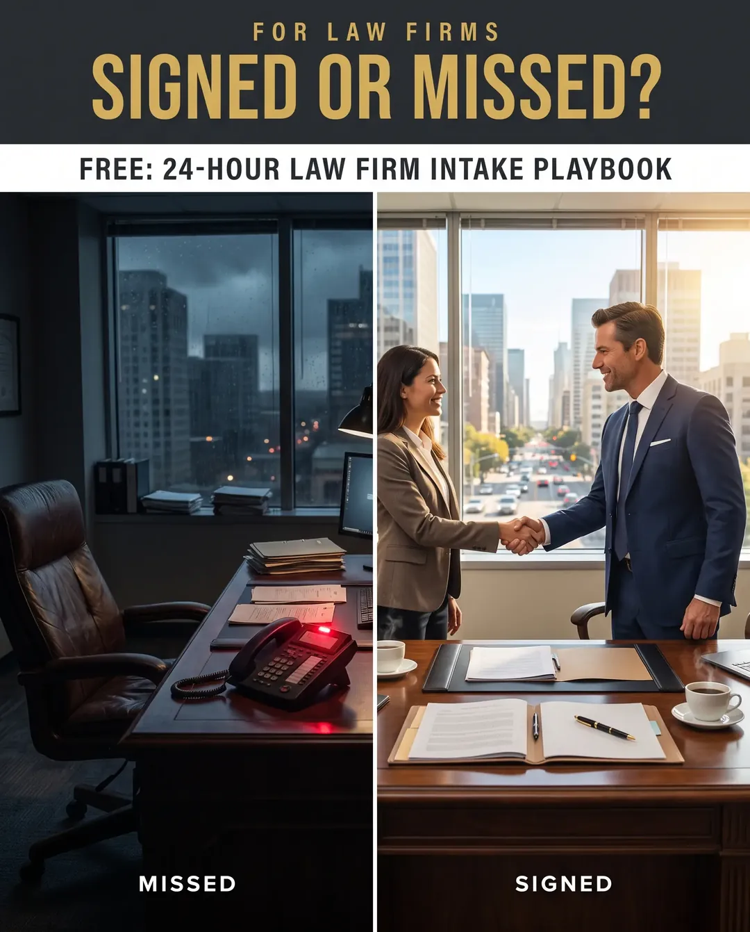Legal ad creative — Before and after, side by side: missed vs. booked.