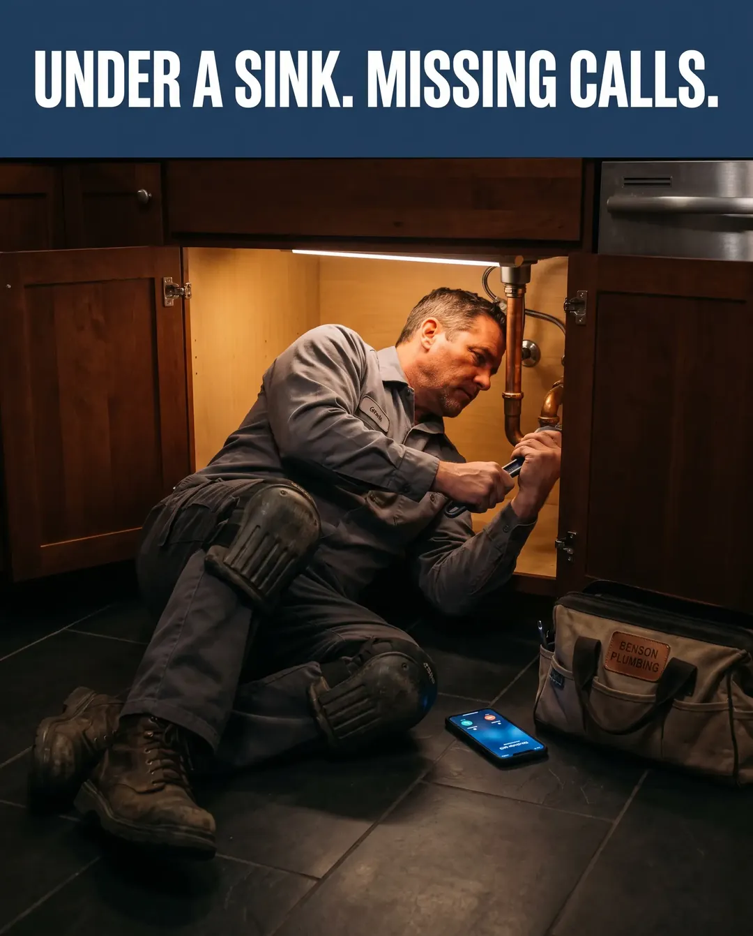Plumbing ad creative — Names the moment a missed call turns into a lost job.
