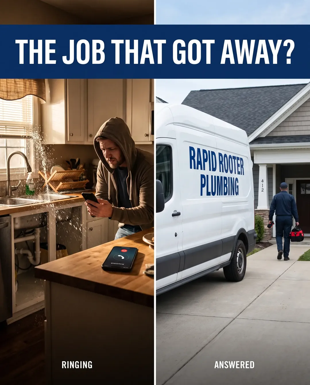 Plumbing ad creative — Before and after, side by side: missed vs. booked.