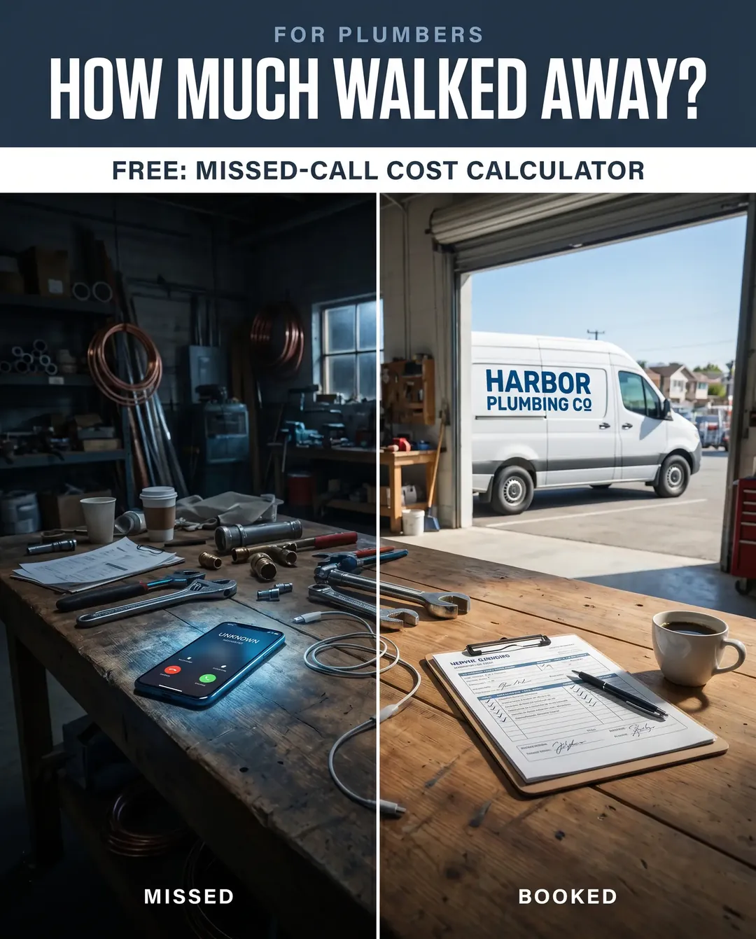 Plumbing ad creative — Before and after, side by side: missed vs. booked.