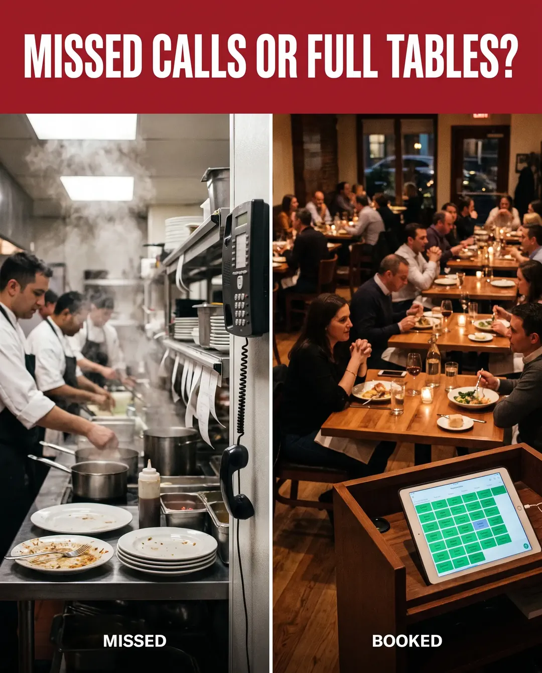 Restaurant ad creative — Before and after, side by side: missed vs. booked.