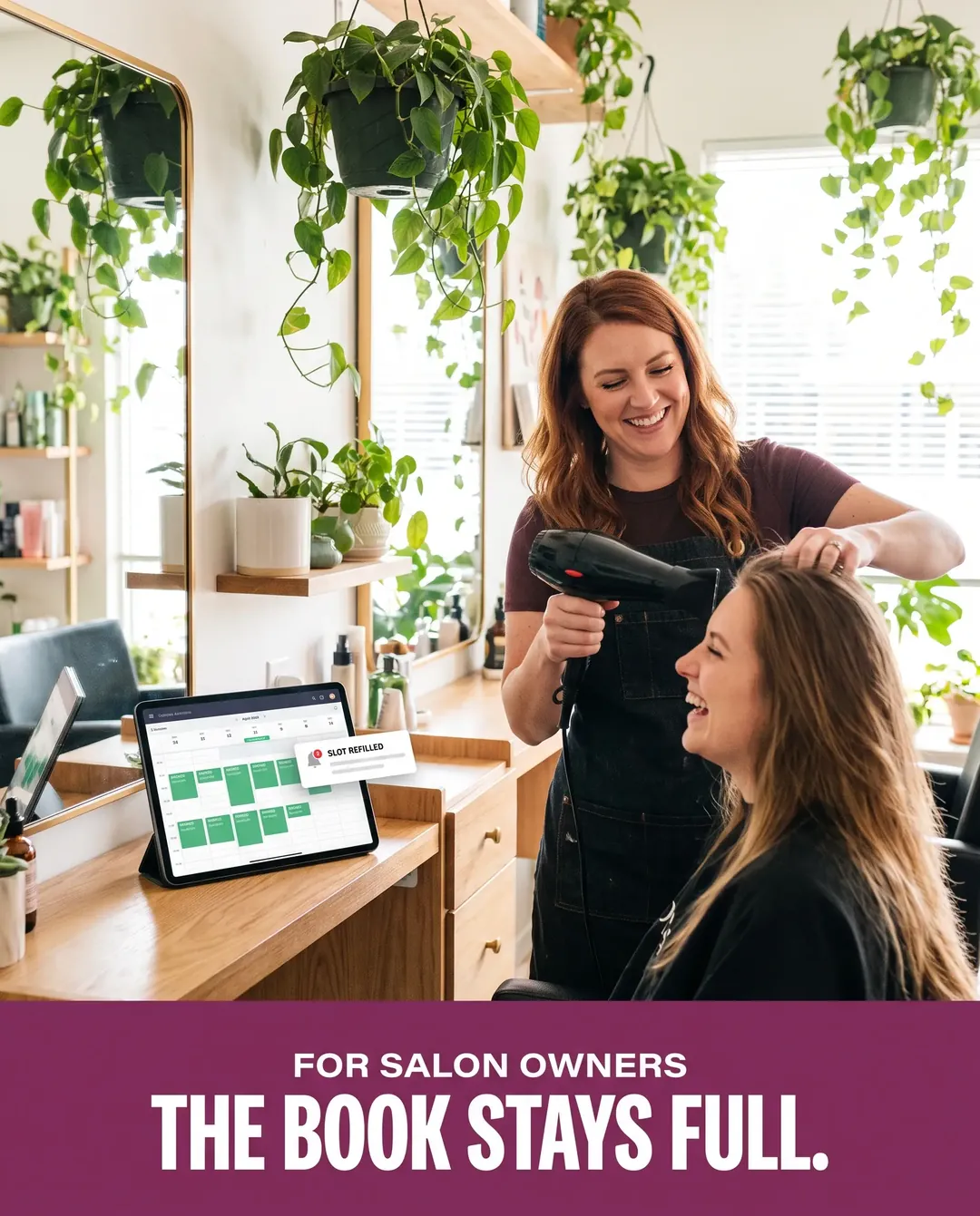Salon ad creative — Shows the after — every call answered, every job on the board.