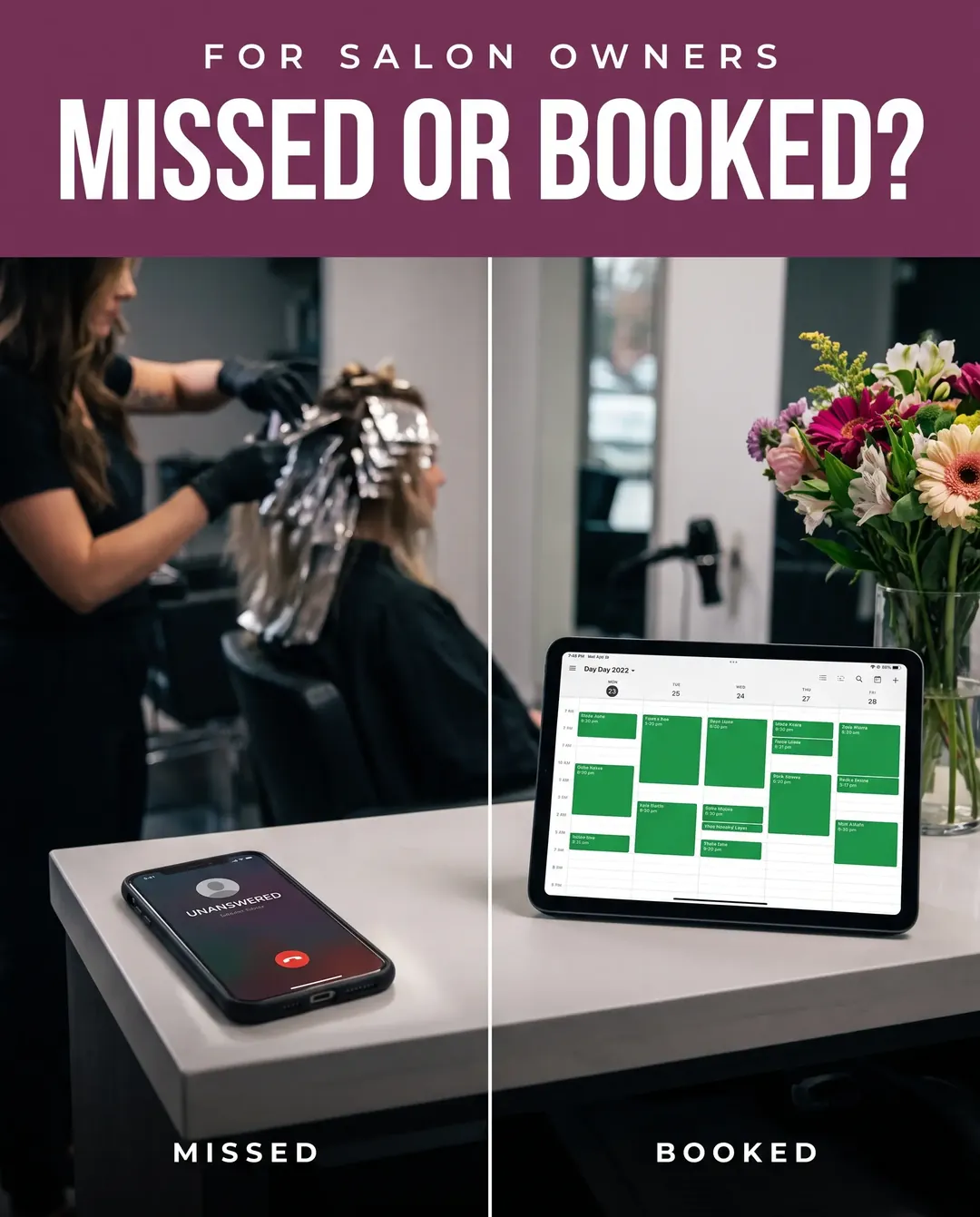 Salon ad creative — Before and after, side by side: missed vs. booked.