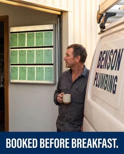 Plumbing ad creative — Shows the after — every call answered, every job on the board.