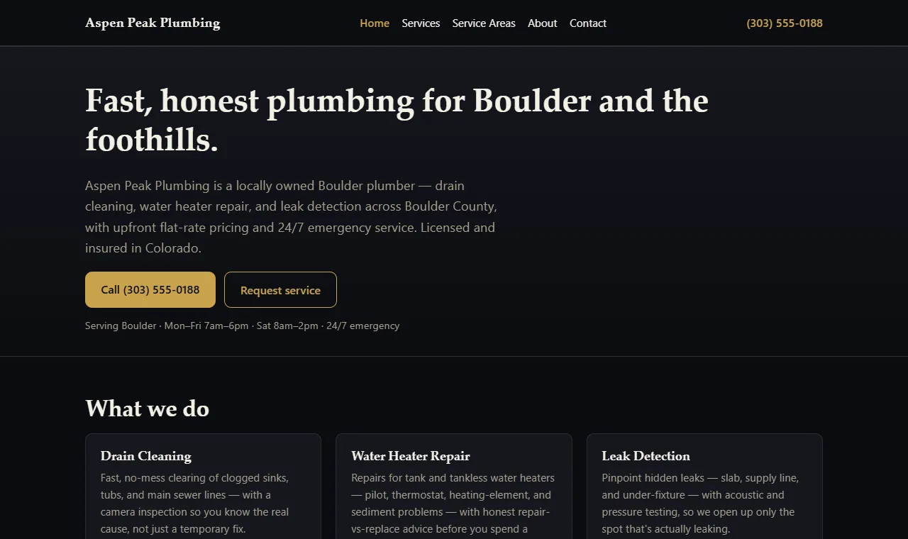 Homepage of the Aspen Peak Plumbing demonstration site