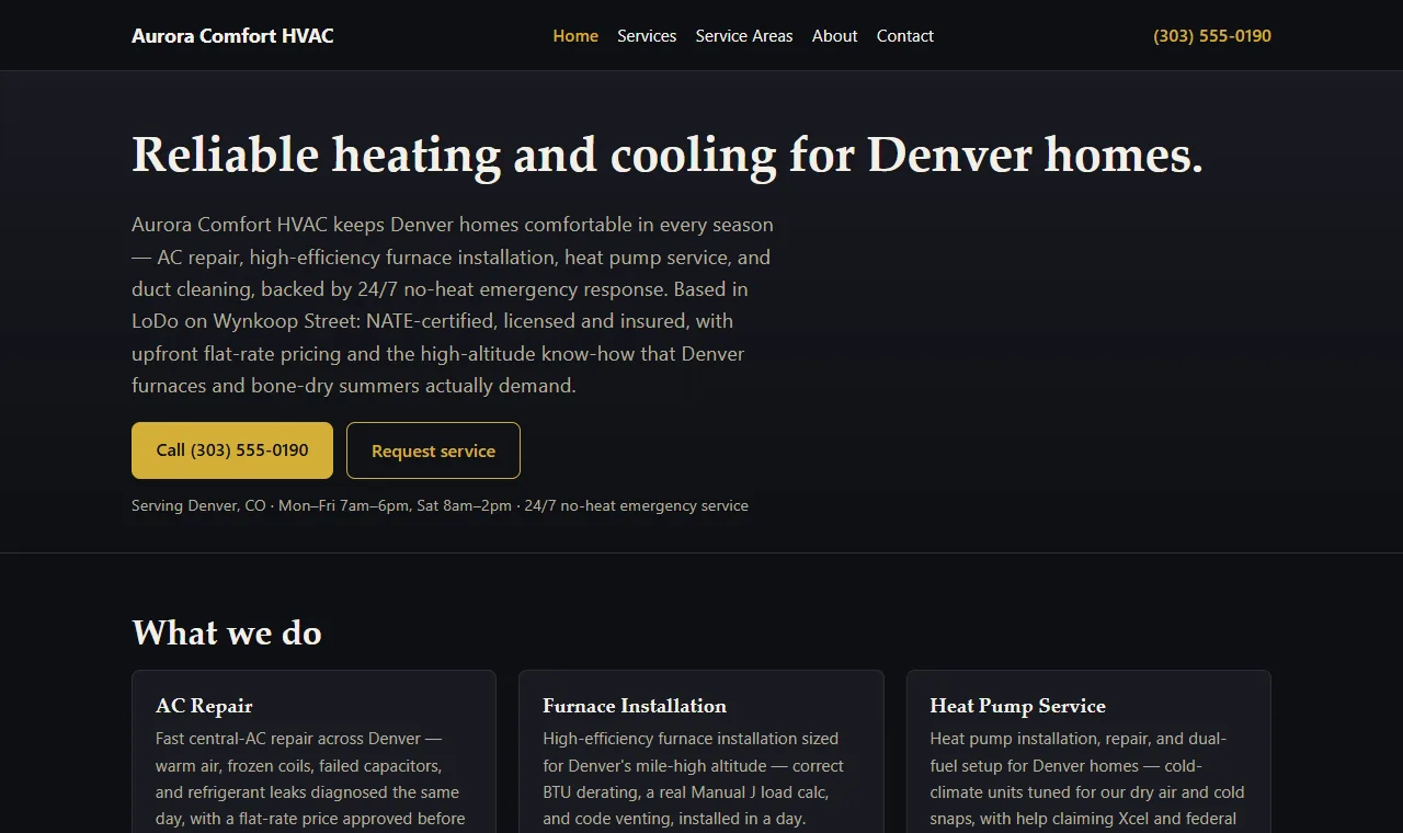 Homepage of the Aurora Comfort HVAC demonstration site
