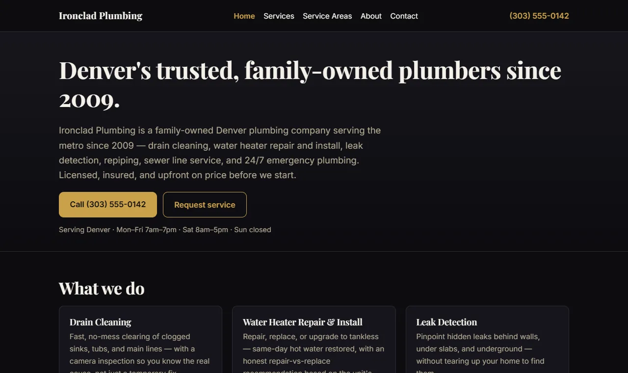 Homepage of the Ironclad Plumbing demonstration site