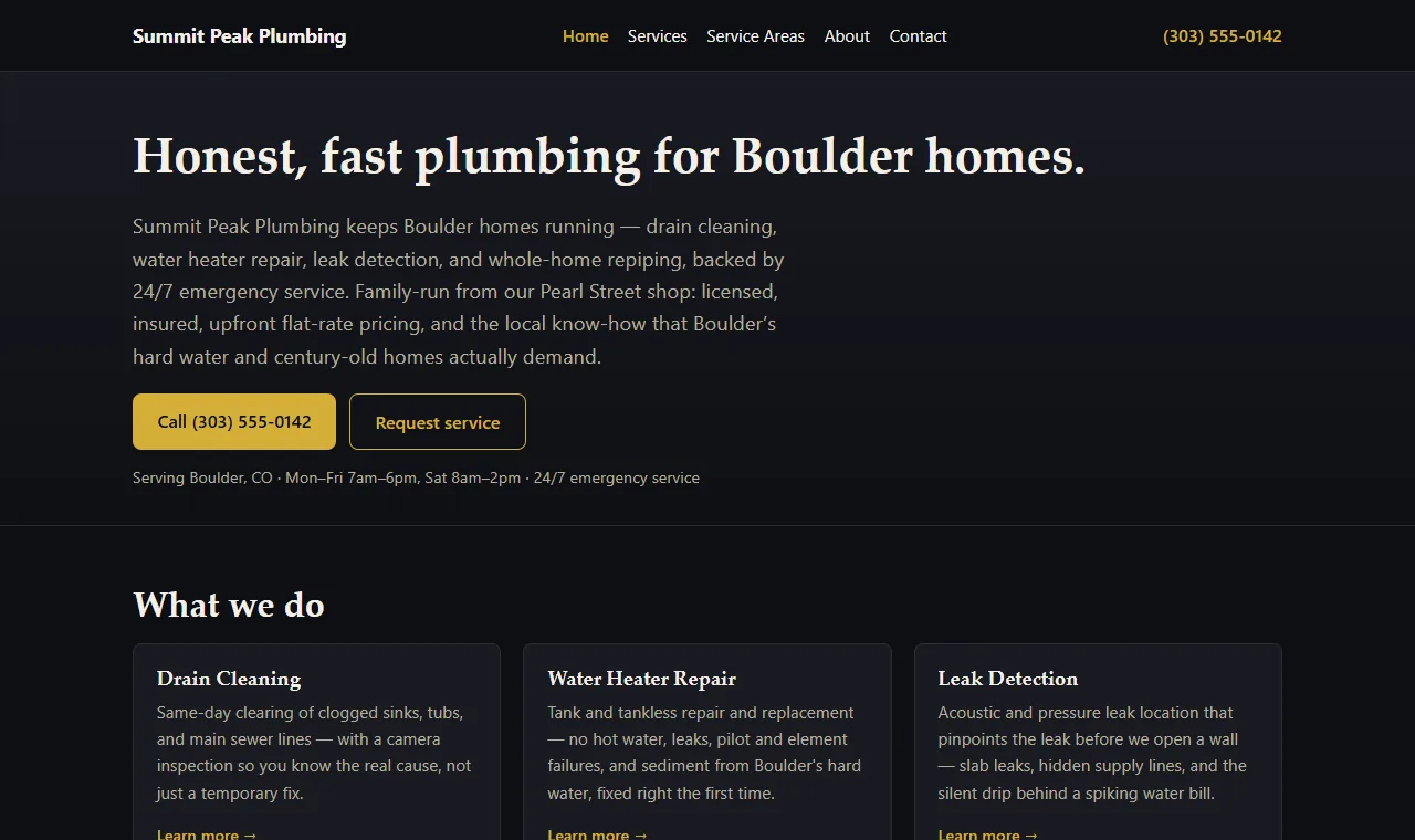 Homepage of the Summit Peak Plumbing demonstration site