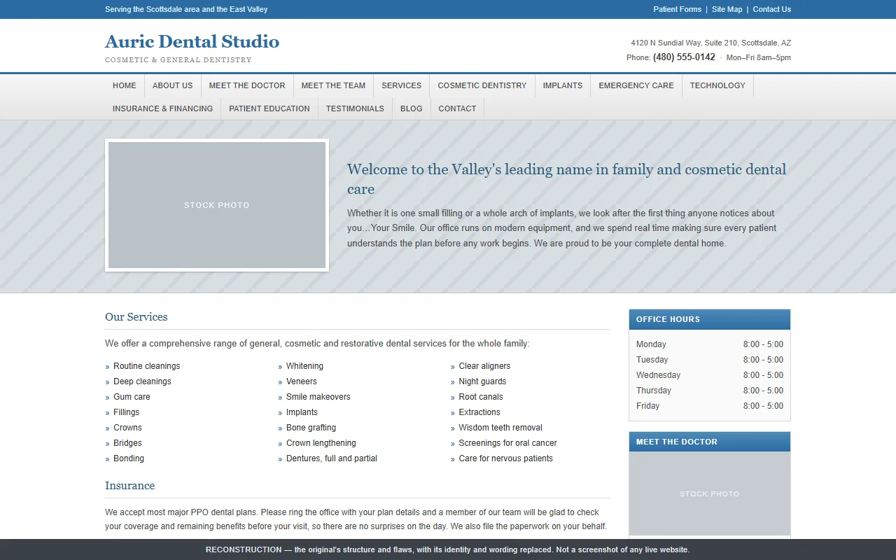 Reconstruction of the original home page of a Scottsdale dental practice, rebuilt with its identity replaced