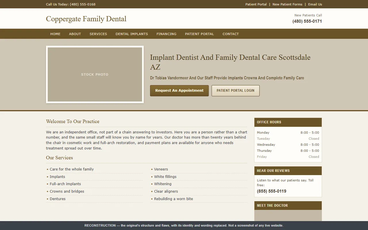 Reconstruction of the original home page of a Scottsdale dental practice, rebuilt with its identity replaced