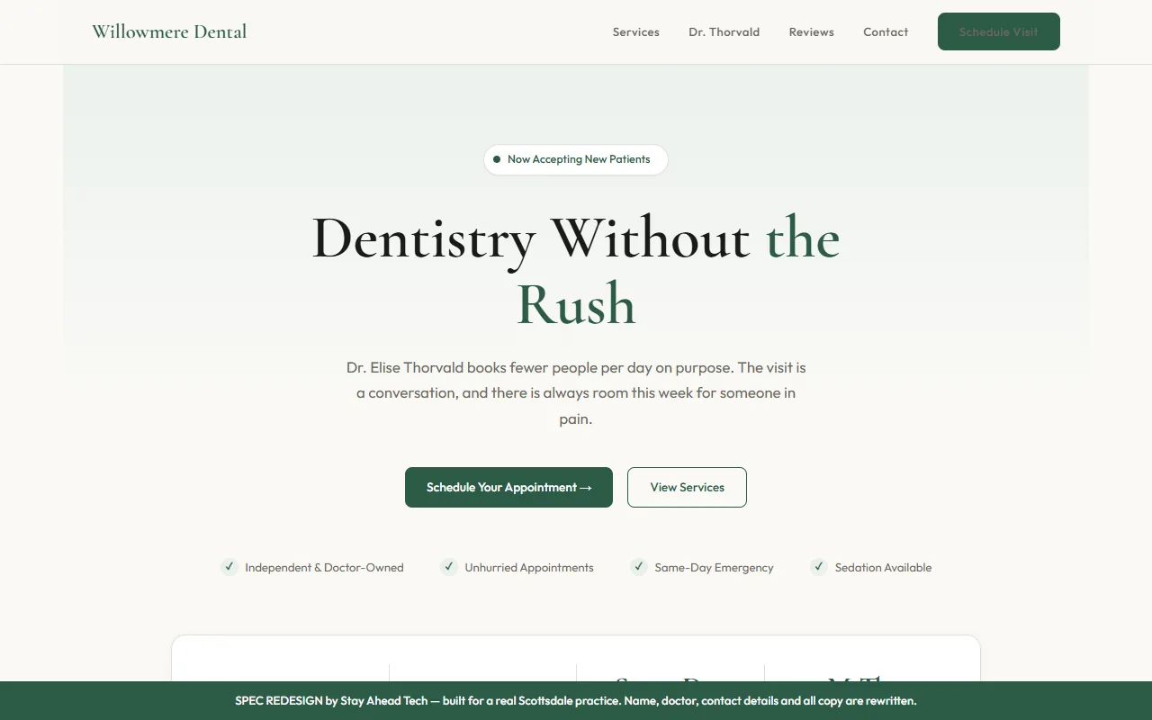Our spec redesign of the home page for the same Scottsdale dental practice