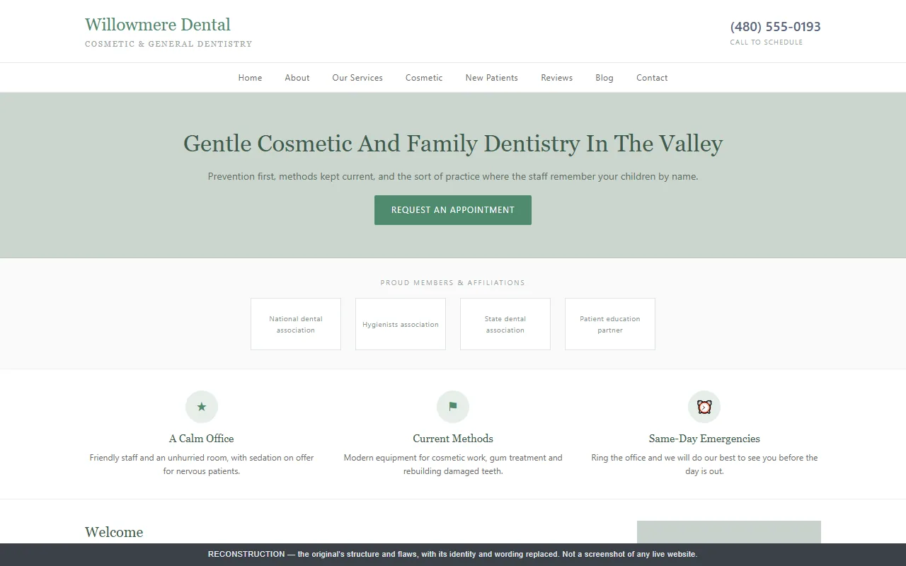 Reconstruction of the original home page of a Scottsdale dental practice, rebuilt with its identity replaced